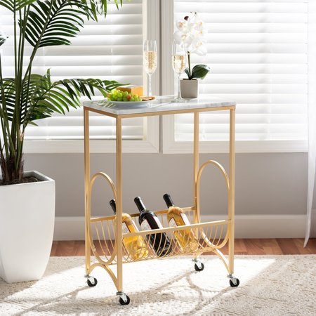 BAXTON STUDIO Jacek ModernGold Finished Metal Wine Cart with Marble Tabletop 195-12107-ZORO